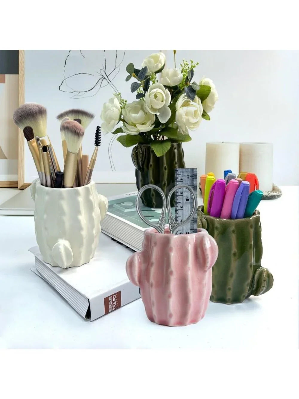Green Ceramic Cactus Toothbrush Holder - Fun Western Bathroom Decor Accent